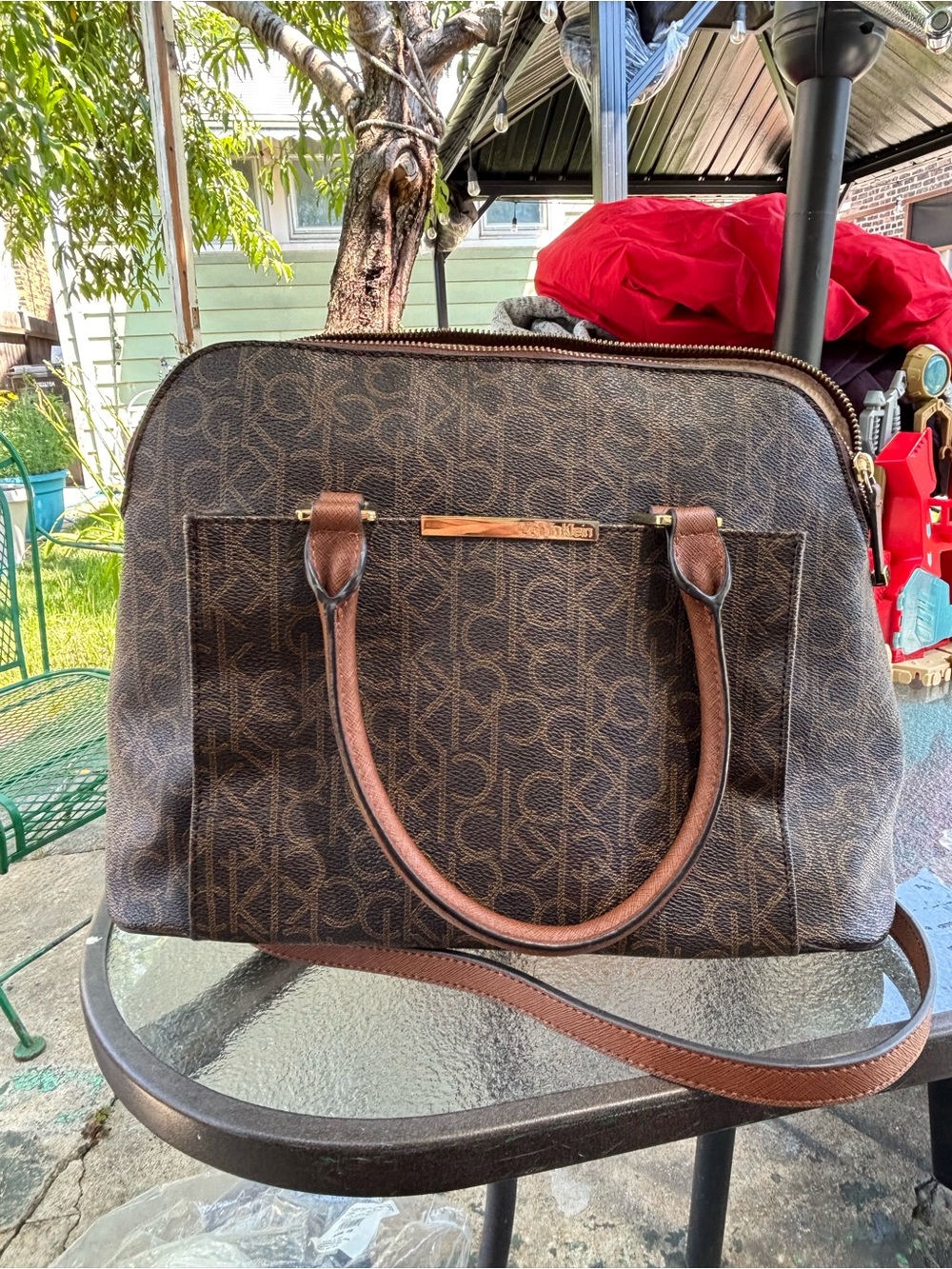 Calvin Klein Brown Monogram Satchel with Crossbody Strap